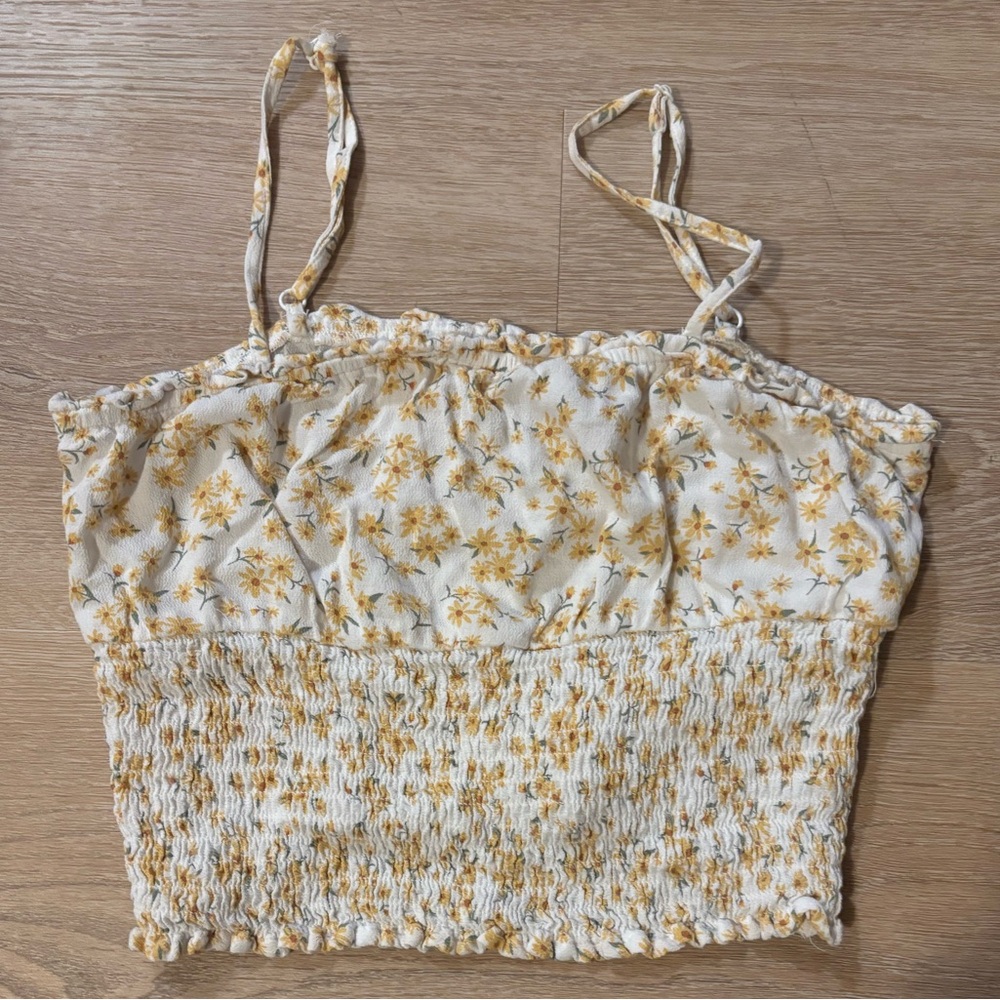 Floral Smocked Women’s Top - Cream and Yellow crop with adjustable straps